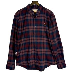 The RSVLTS Yellowstone Burgundy Blue Plaid Button Down Flannel Shirt - L